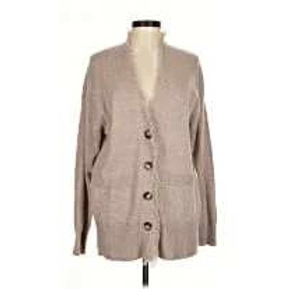 Repeat Luxury Geneva Knit Cardigan Sweater Beige Button‎ Front Fringe Size M